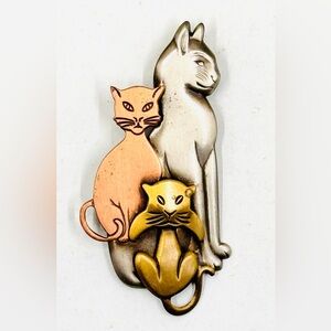 Metal Cat Trio Brooch in Silver Bronze & Gold Tones 3”X 1.5”